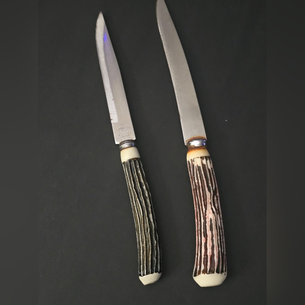 Vintage Set of 2 Knives Nevco Steak Knife Set Japan Faux Stag Horn